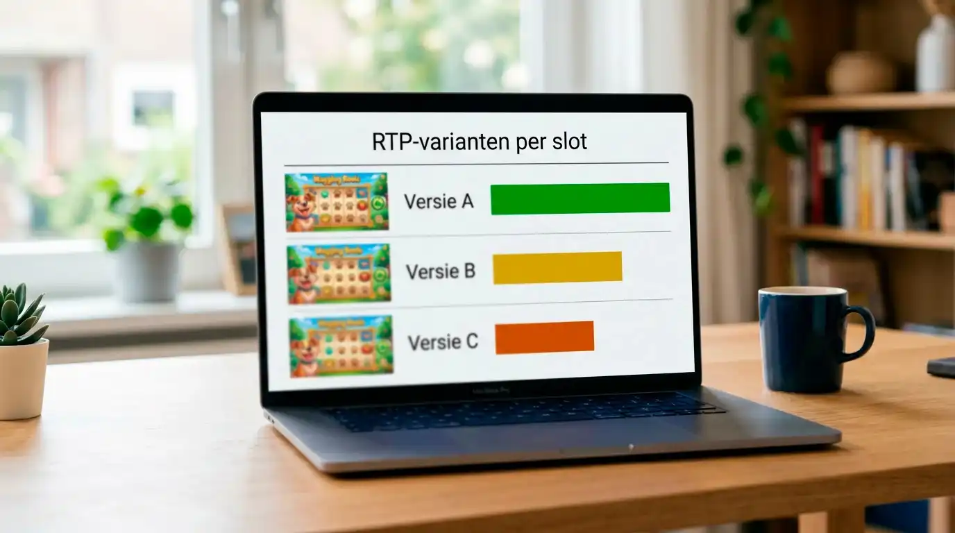 Vergelijkende tabel op een laptopscherm met drie RTP-percentages naast dezelfde slot-titel