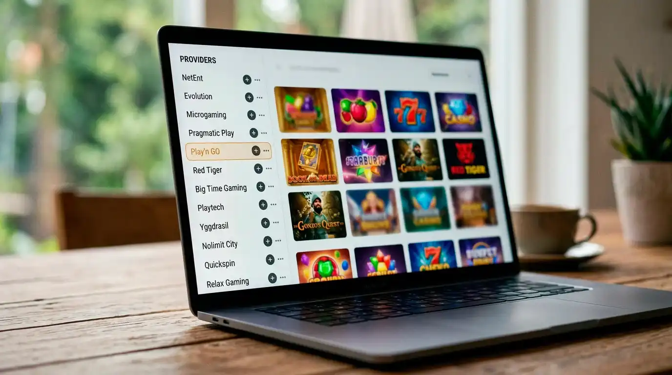 Laptopscherm met een filterbalk in een casino-lobby waarop providers gegroepeerd worden met aantal beschikbare slots