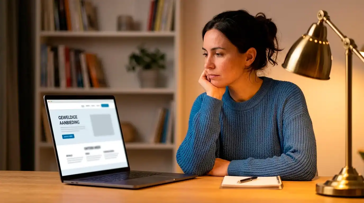 Persoon kijkt nadenkend naar een laptopscherm met een retention-aanbod