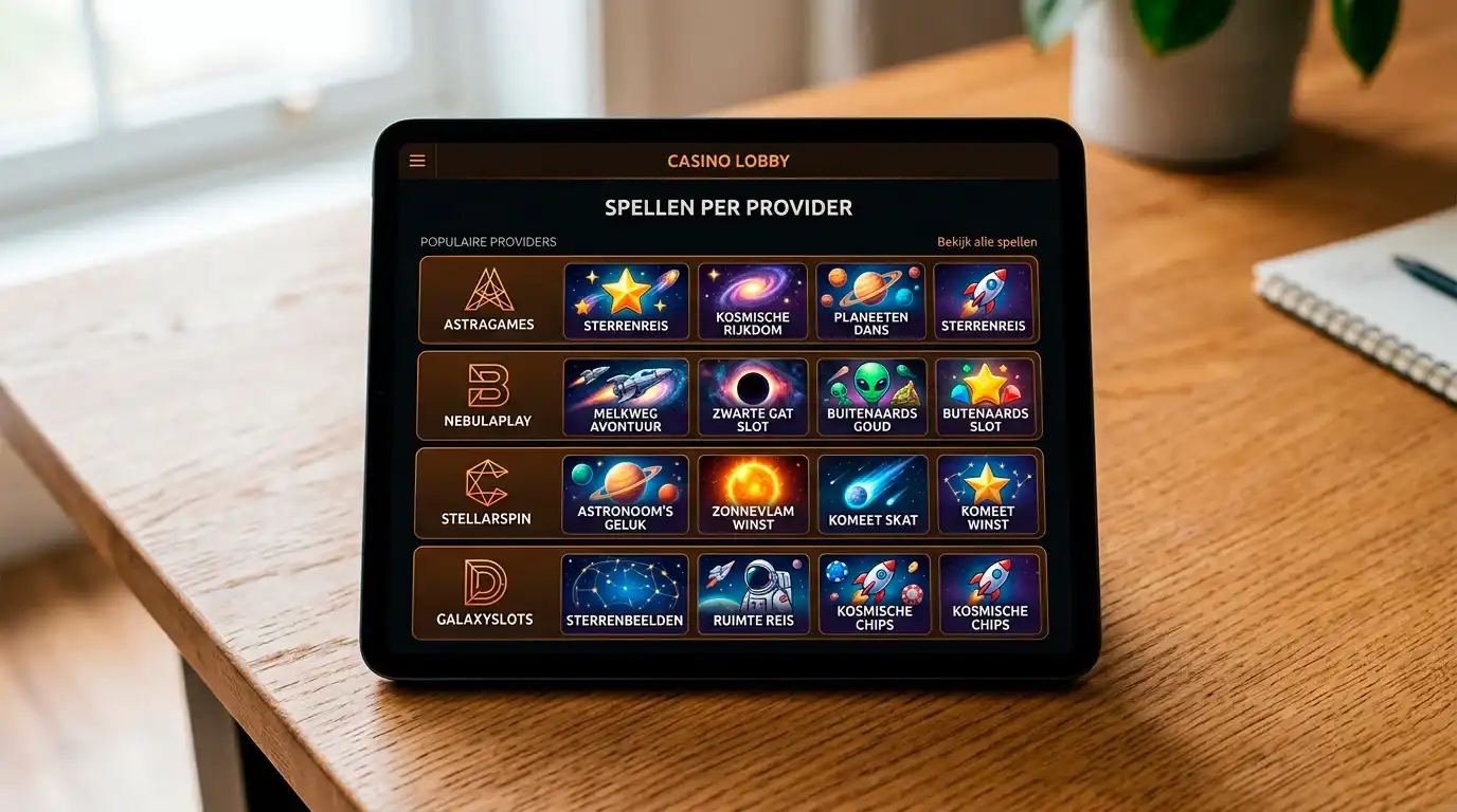 Tablet met een raster van slot-thumbnails gegroepeerd onder de logo's van NetEnt, Microgaming, Pragmatic Play en Play'n GO