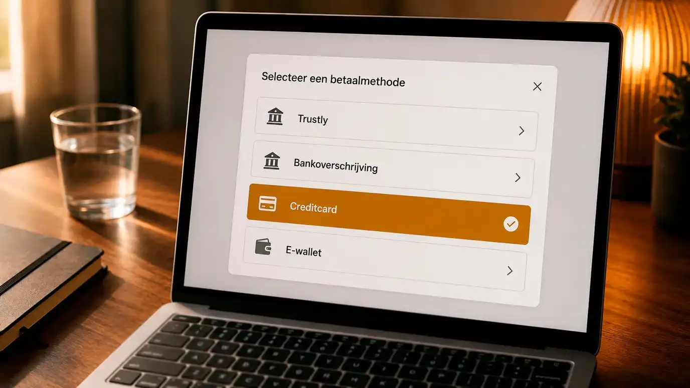 Laptopscherm met een keuzemenu voor betaalmethoden waaronder Trustly, SEPA-overboeking en e-wallet-opties