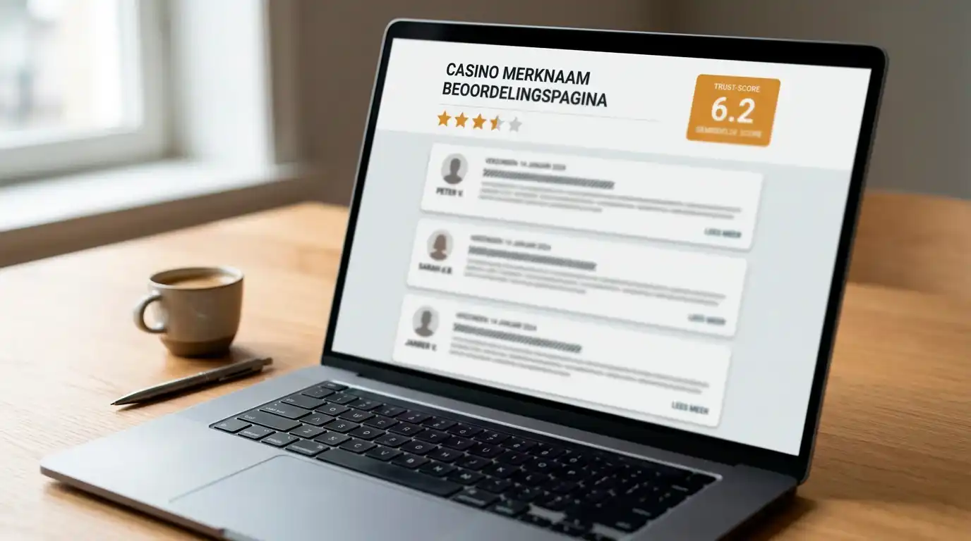 Laptopscherm met een reviewplatform-pagina waarop meerdere klantbeoordelingen over een online casino zichtbaar zijn