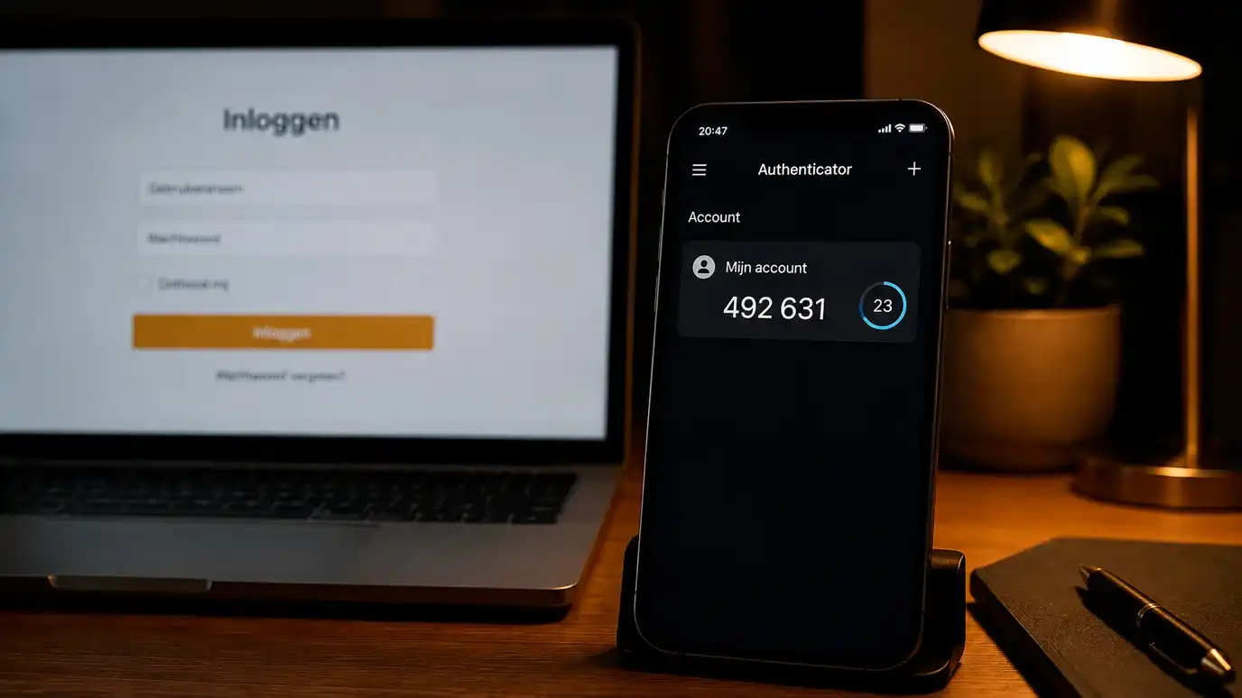 Smartphone met een authenticator-app die een zescijferige code toont naast een laptop met een inlogscherm