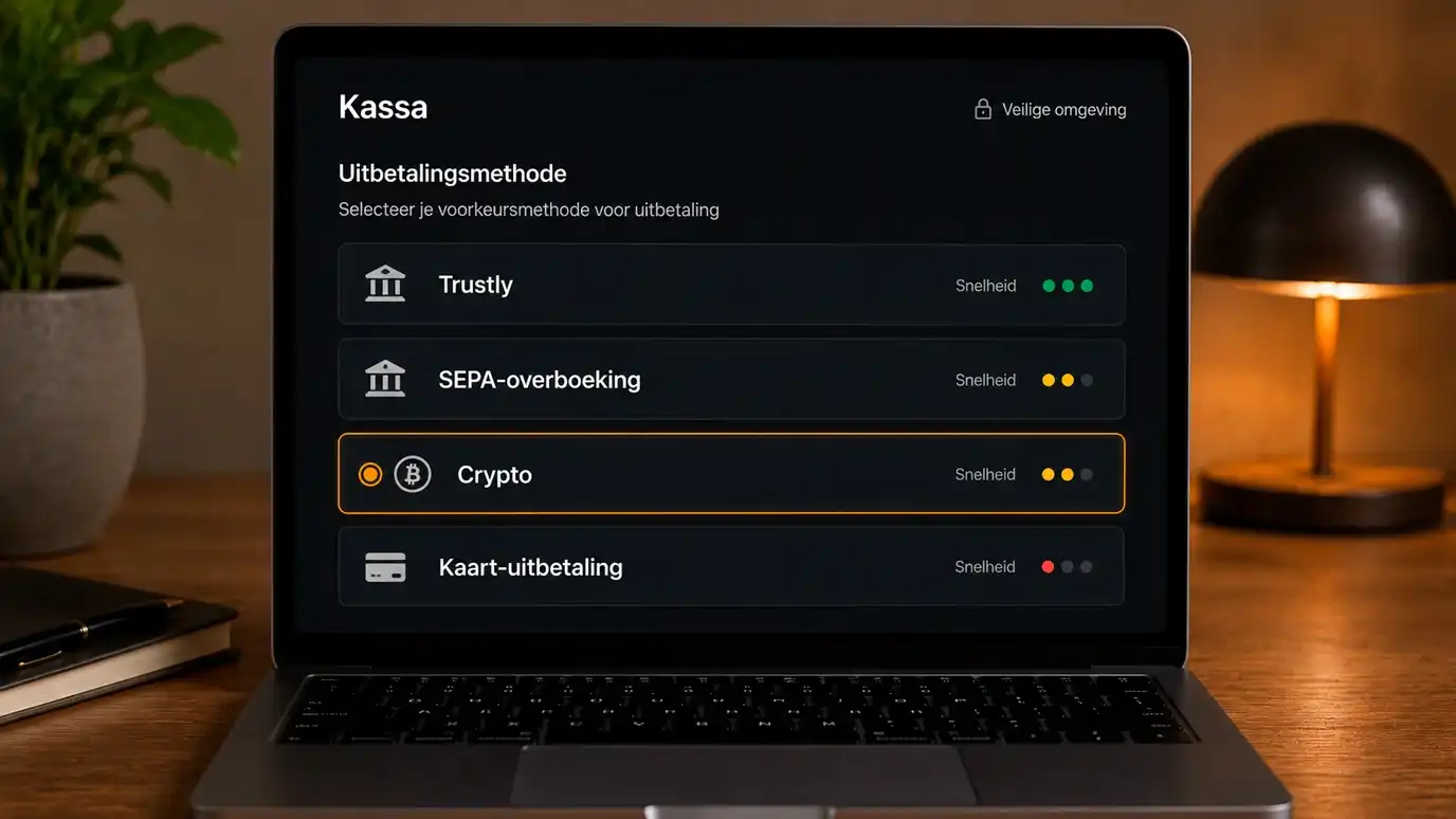 Laptopscherm met een keuzemenu voor uitbetaalmethode met snelheidsindicaties per optie van enkele uren tot werkdagen