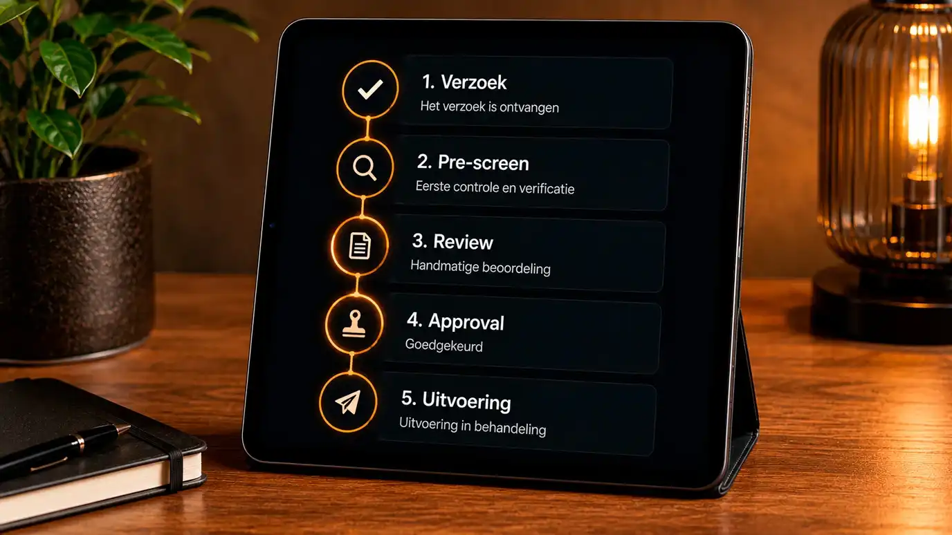 Tablet met een verticaal stappenschema dat vijf stadia van een uitbetaalverzoek tot uitvoering door de PSP toont