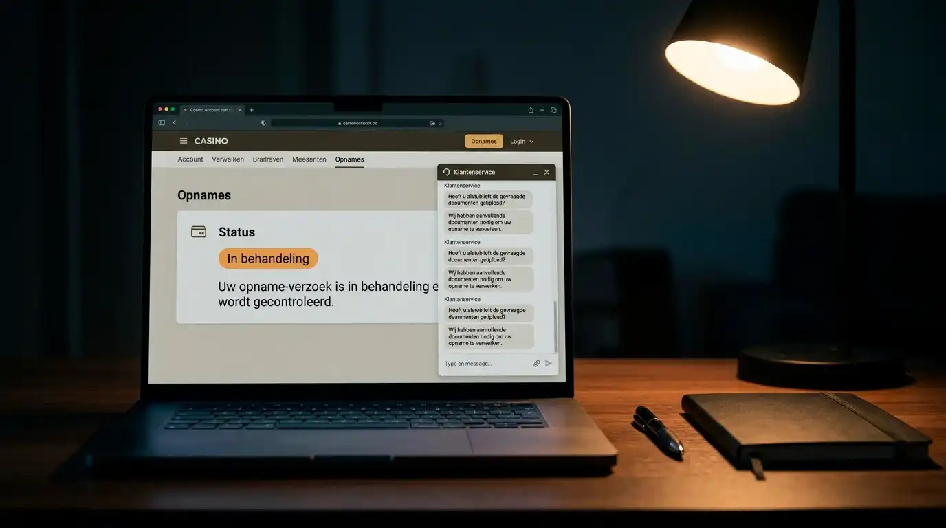 Laptopscherm met een wachtende uitbetalingsstatus en een herhalend verzoek om aanvullende documenten in een supportchat
