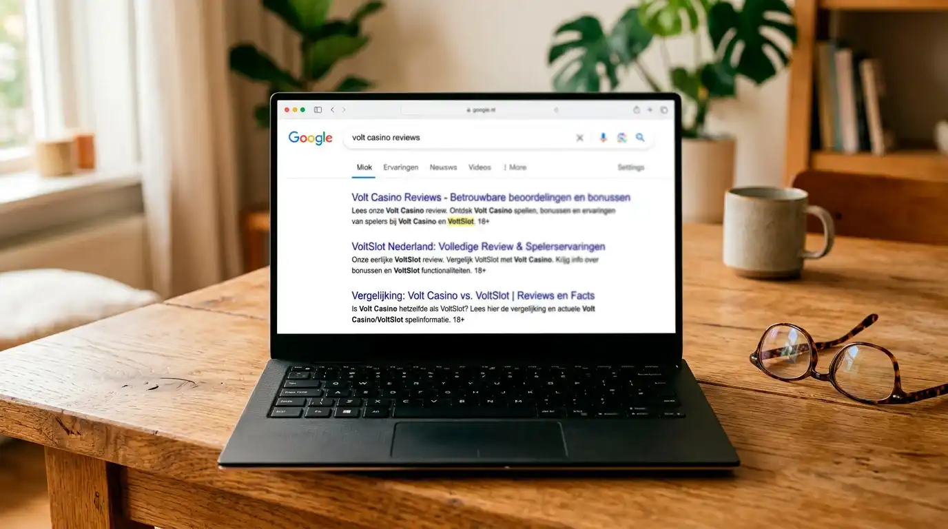 Laptopscherm met Nederlandse Google-zoekresultaten waar Volt Casino en Voltslot door elkaar lopen in beoordelingen