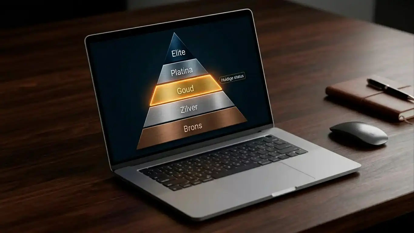 Laptopscherm met een VIP-niveau piramide met badges van brons tot elite en een huidige status-indicator