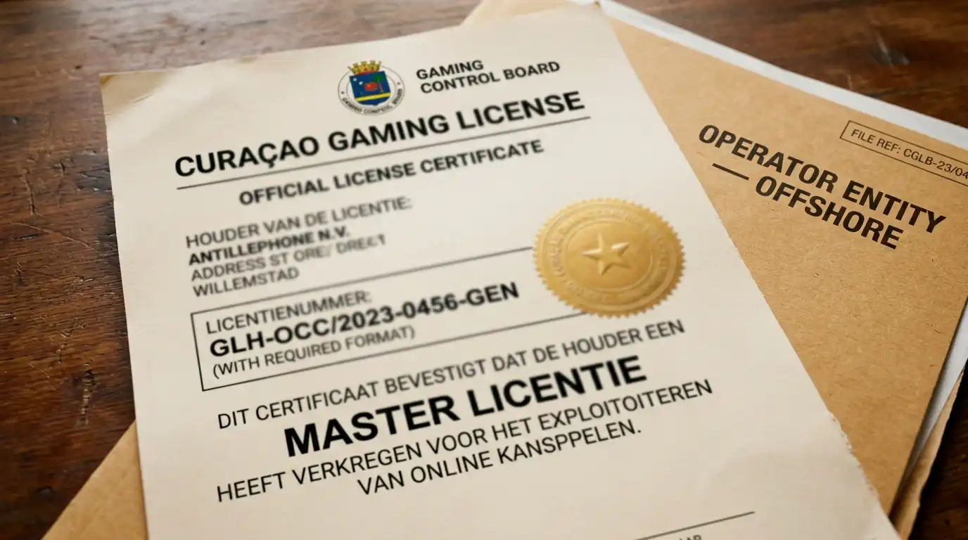 Document met een Curaçao-licentiestempel en bedrijfsregistratie van een offshore casino-operator