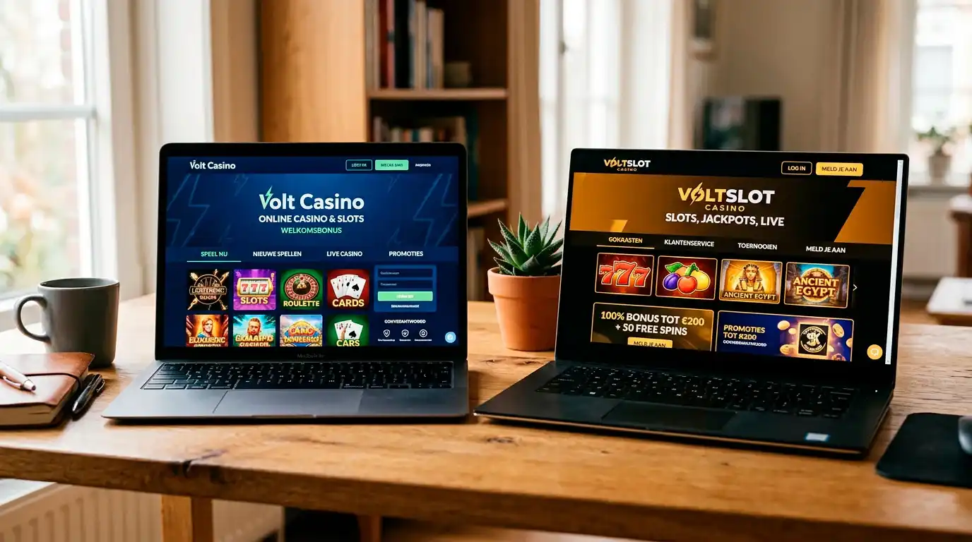 Twee aparte casinodomeinen naast elkaar — Volt Casino en Voltslot — met verschillende logo's en interfaces