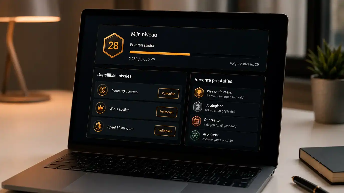 Laptopscherm met een gamified casino-dashboard met badges, voortgangsbalken en een sectie 'Dagelijkse missies'