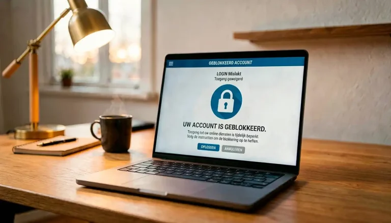 Laptopscherm met de melding van een geblokkeerd online casino-account en een gesloten toegangs-icoon