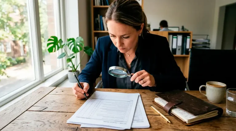 Persoon met vergrootglas die een document met audit-criteria onderzoekt op een houten bureau