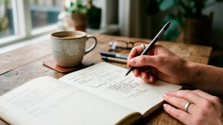 Hand die over een notitieblok met cashback-percentages en retour-aantekeningen werkt aan een houten bureau