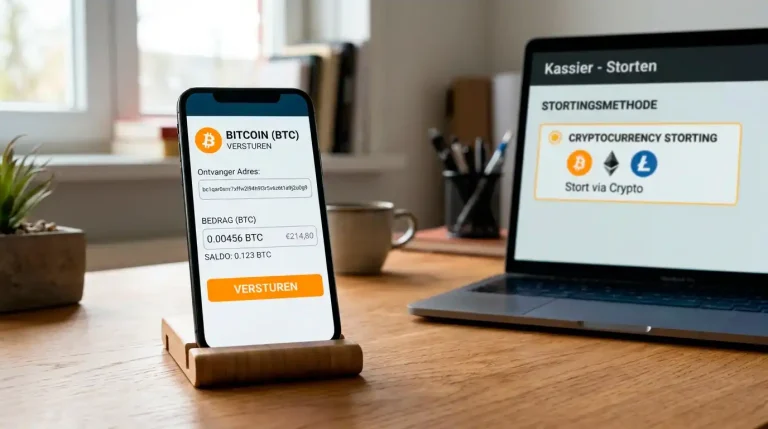 Smartphone met een Bitcoin-wallet en een laptop op de achtergrond met een crypto-stortingsscherm van een online casino