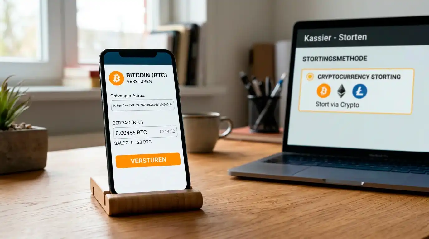 Smartphone met een Bitcoin-wallet en een laptop op de achtergrond met een crypto-stortingsscherm van een online casino