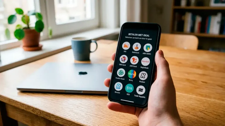 Smartphone met een iDEAL-betaalscherm in handen van een persoon, op een houten tafel met een laptop op de achtergrond
