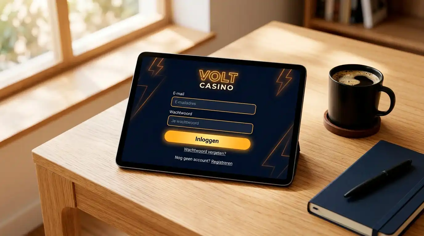 Inlogscherm van een online casino met velden voor e-mailadres en wachtwoord op een tablet
