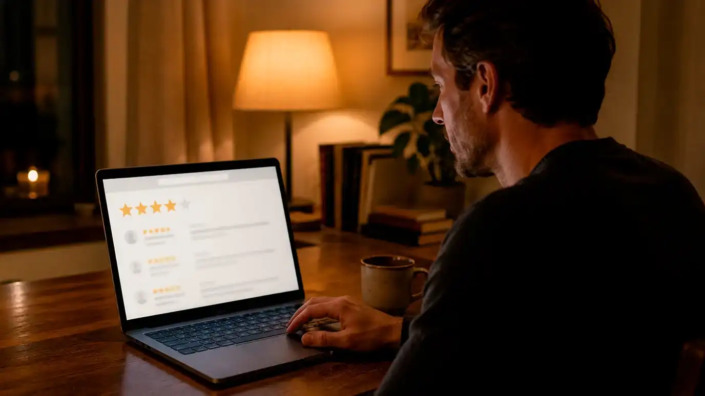 Persoon kijkt aandachtig naar een laptopscherm met een review-pagina open