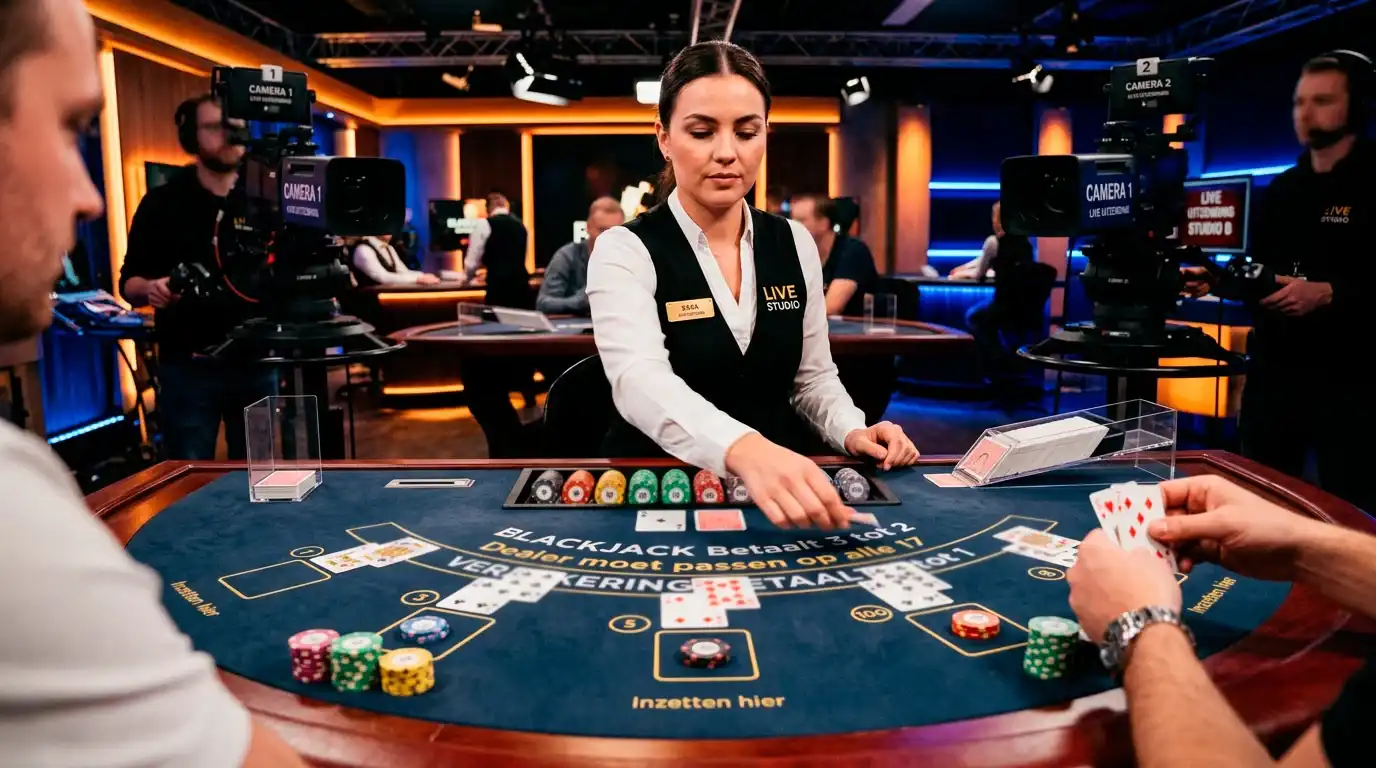 Croupier achter een live-blackjacktafel met camera's en spotlights in een professionele studio-omgeving