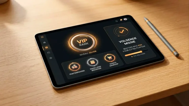 Tablet met een VIP-niveau dashboard met punten, badges en een dagmissie-overzicht in een casino-interface