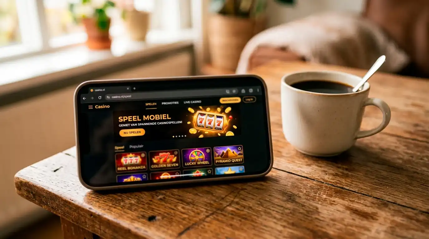 Smartphone met de mobiele browserversie van een online casino op het scherm, op een houten tafel naast een kop koffie