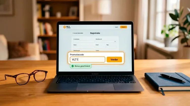 Laptopscherm met een promocode-veld waarin een casino-bonuscode wordt ingevoerd tijdens registratie