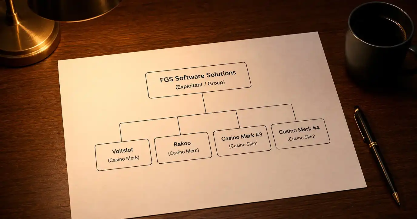 Schema van een offshore operatornetwerk met FGS Software Solutions als kern en gekoppelde merken Voltslot en Rakoo