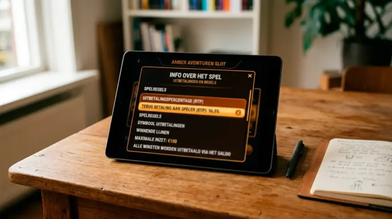 RTP-cijfers van een online slot in de info-tab van een Voltslot-spel op laptopscherm