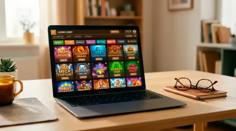 Laptopscherm met een mozaïek van slotmachine-thumbnails en provider-logo's in een casino-lobby