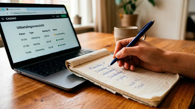Hand met een pen die werkdagen op een notitieblok afvinkt naast een laptop met een uitbetalingsoverzicht van een online casino