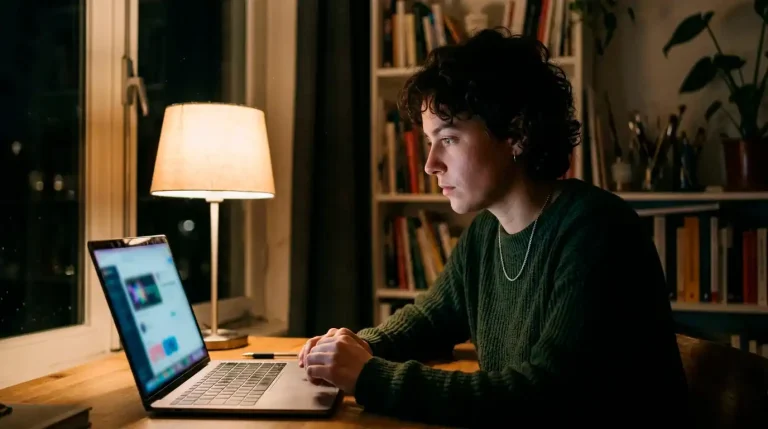 Persoon zittend in een donker verlichte kamer voor een laptopscherm, peinzend bij een zoekopdracht over CRUKS