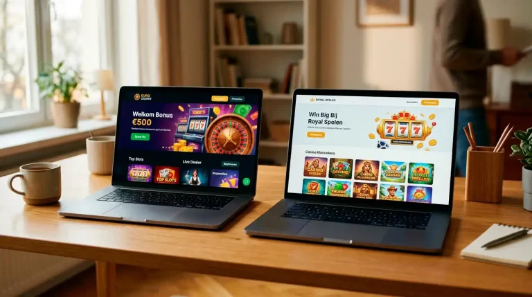 Twee identieke laptopschermen naast elkaar die de overlap tussen zustercasino-merken visualiseren