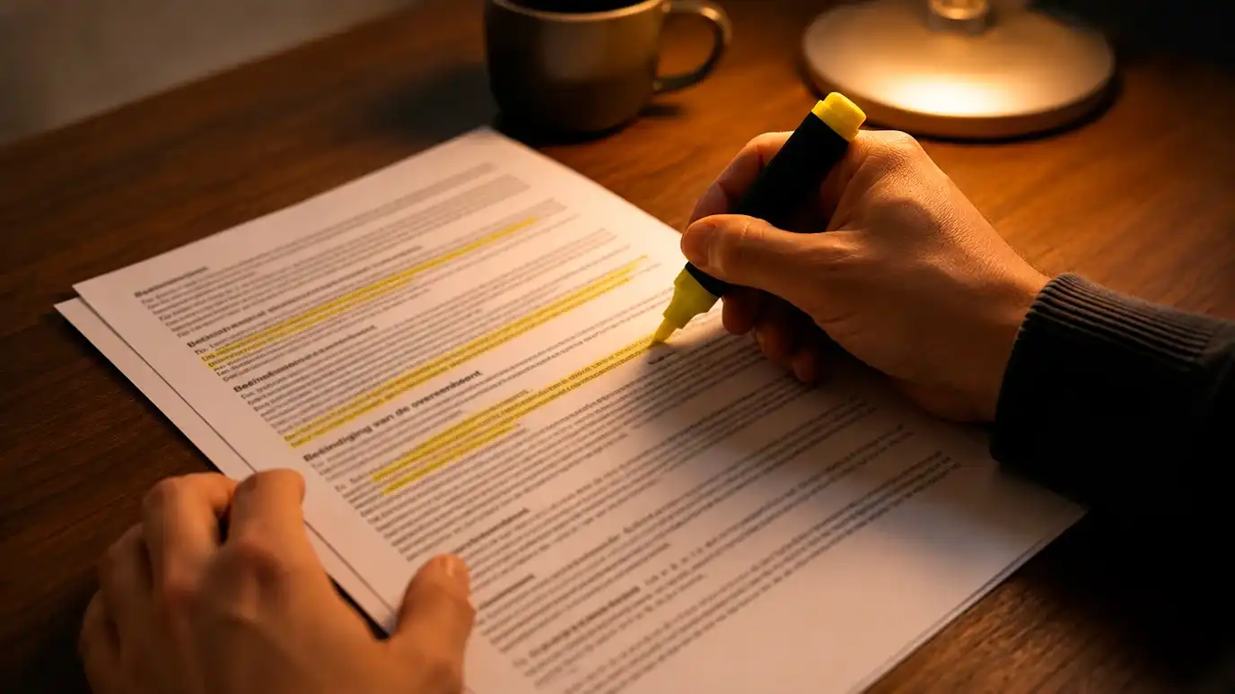 Persoon met markeerstift die belangrijke passages in een lang voorwaarden-document onderstreept