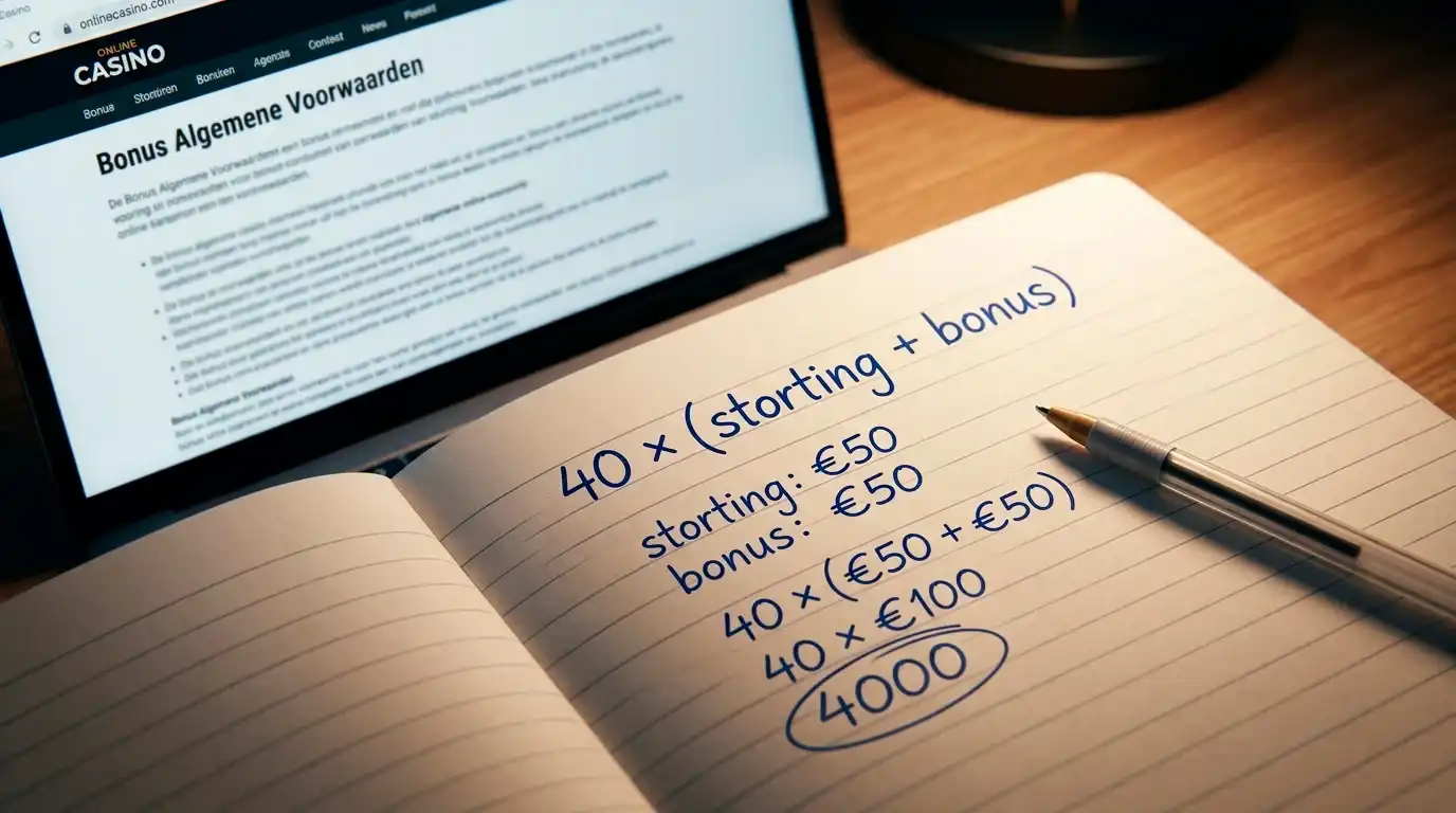 Open notitieboek met handgeschreven berekening van wagering 40 keer storting plus bonus naast een laptop met een bonusvoorwaarden-pagina