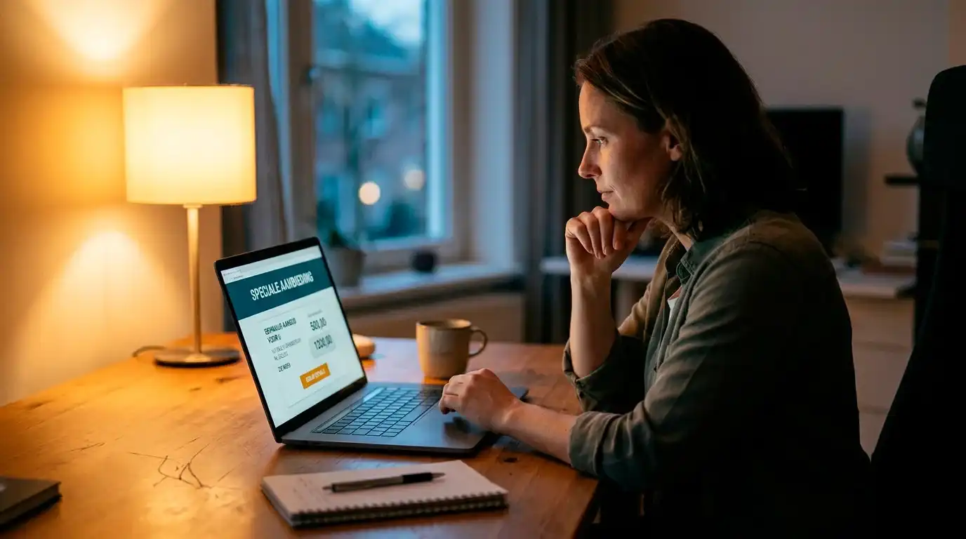 Persoon weegt nadenkend de waarde van een welkomstbonus aan een laptopbureau