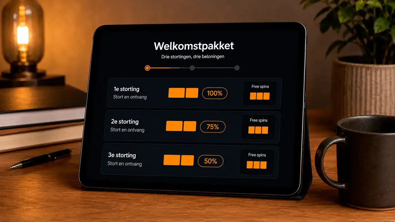 Tablet met een welkomstpakket-overzicht in een casino-cashier met meerdere stortingsbonussen onder elkaar