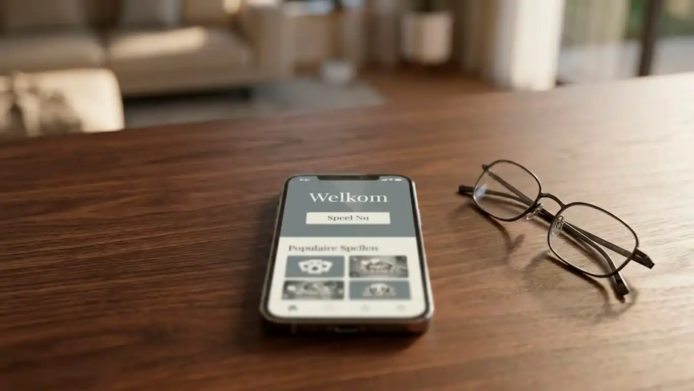 Smartphone met een Nederlandse app-store zoekresultaat dat geen officiële casino-app toont voor de zoekterm